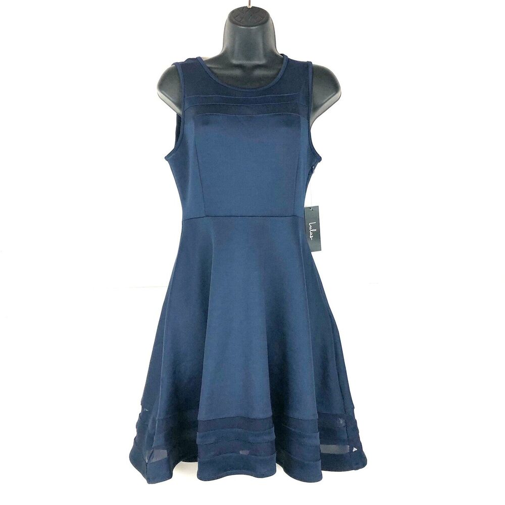 LULU’s Blue Sheer Determination Navy Blue Mesh Skater Dress Small New With Tags - Picture 2 of 10